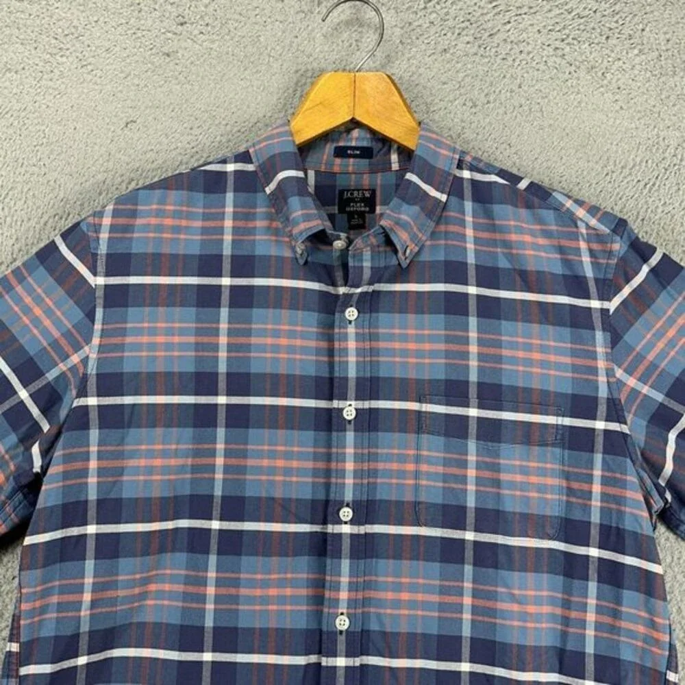 J Crew Flex Oxford Button Down Shirt Men Large Blue Plaid Slim Fit Pocket Casual